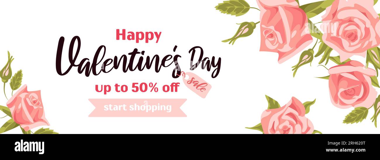 Happy Valentines Day sale. Bright horizontal banner with a bouquet of