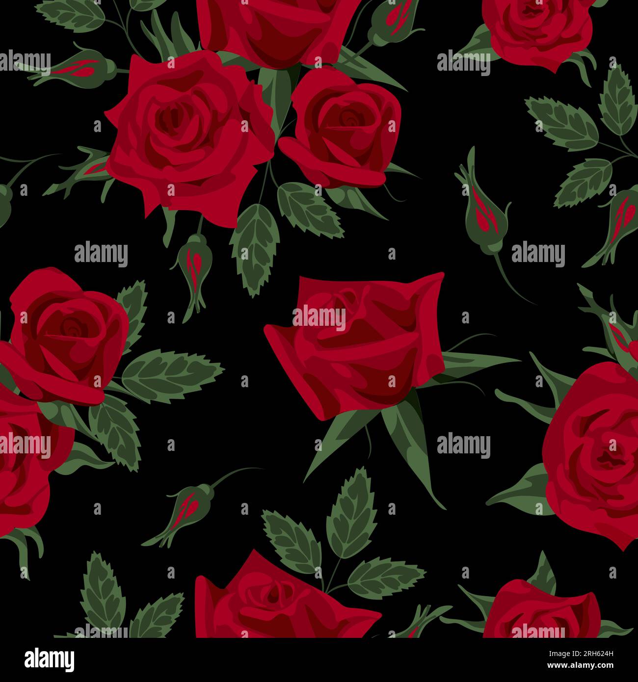 Elegant Victorian English red roses seamless pattern, vintage style. For Valentines Day, weddings, wallpaper, printing on fabric, wrapping. On a black Stock Vector