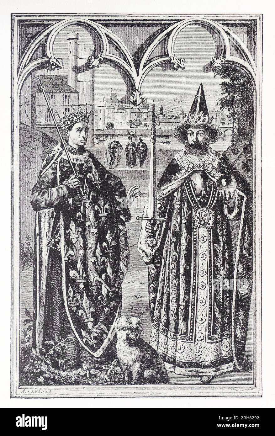 Charlemagne and Saint Louis. After a picture in the Palaise de Justice, Paris, France. Engraving from Lives of the Saints by Sabin Baring-Gould. Stock Photo
