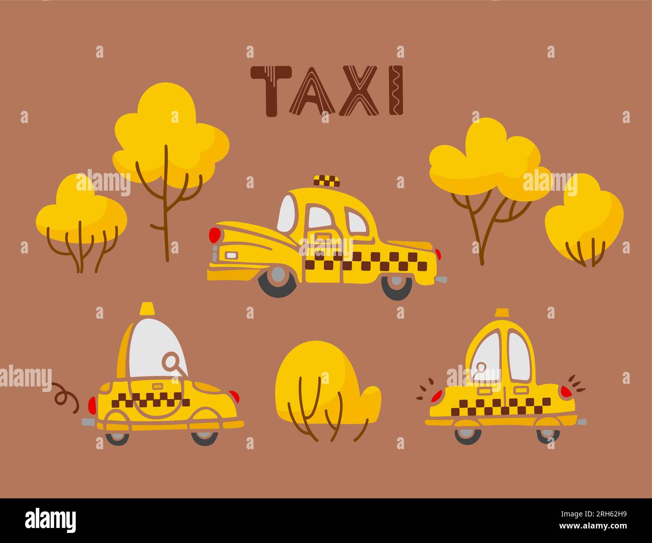 Set of cute vintage cartoon yellow taxi cars and trees in warm vibrant