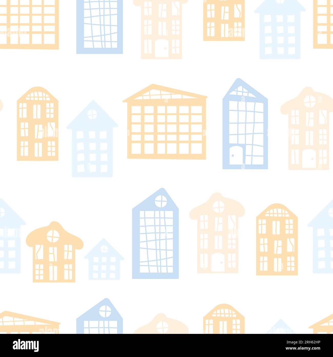 Lovely Scandinavian style childrens houses in soft pastel colors. Vector illustration, seamless pattern for nursery, wallpaper, printing on fabric, wr Stock Vector