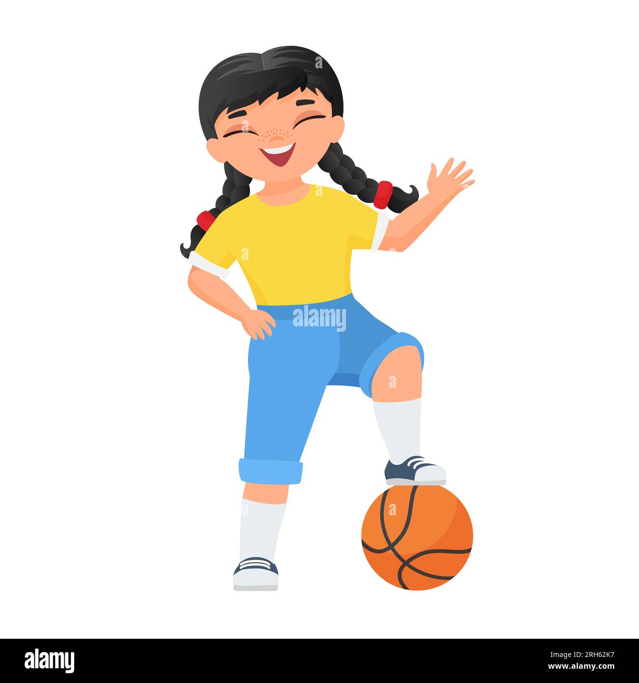 Happy girl playing with basketball. Sport activity, active children lifestyle vector cartoon