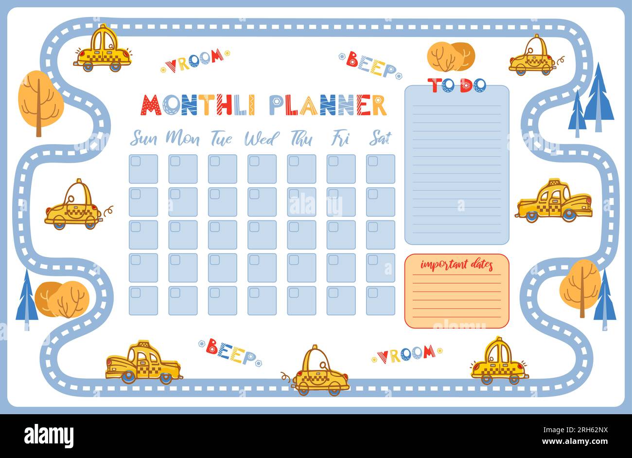 Cartoon cute monthly planner. To do list, notes, template design