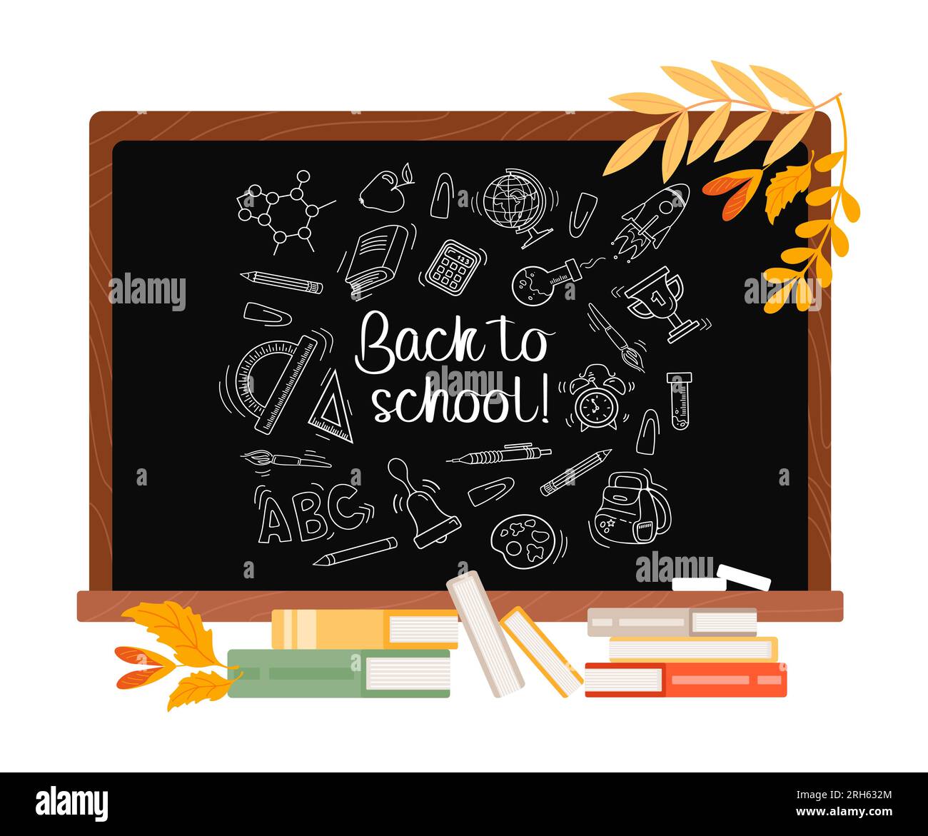 Back to school. School board with chalk drawings, stacks of books and autumn leaves. For wallpaper, printing on fabrics, packaging. For posters, postc Stock Vector