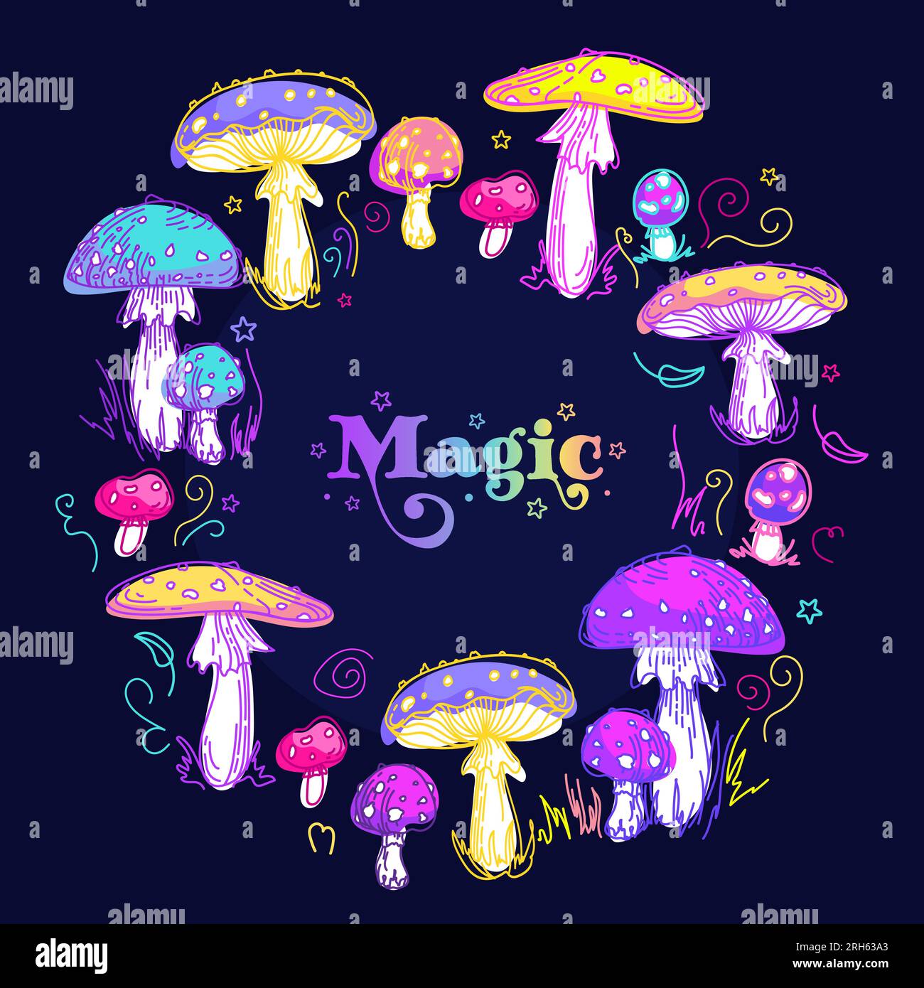Fairy Rings. Magic witchs circle of fly agaric mushrooms. Psychedelic multi-colored amanita. Vintage botanical illustration, sketch style. For hallowe Stock Vector