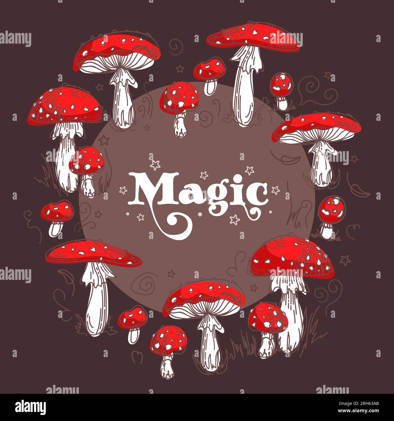 Fairy Rings. Magic witchs circle of fly agaric mushrooms. Vintage bright botanical illustration in sketch style. For halloween posters, postcards, ban Stock Vector