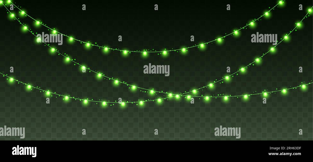 Christmas garland, glowing green light bulbs string. Vector event ...