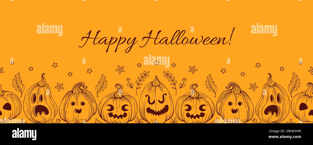Vintage Halloween seamless border of Jack o lantern. Pumpkins in hand ...