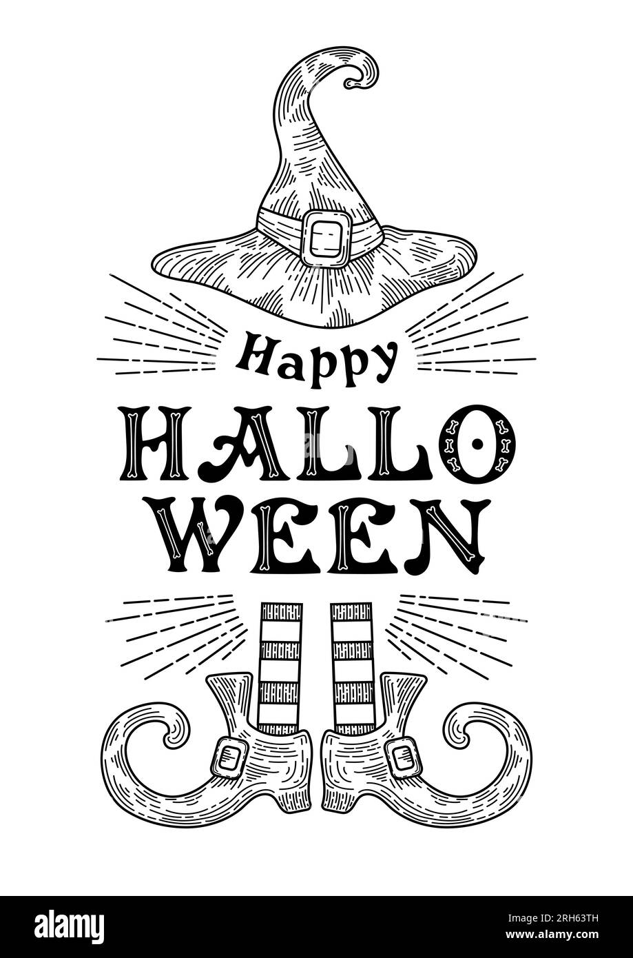 Happy halloween. Witch hat, striped stockings, buckled shoes. Retro lettering with bones. Vintage illustration in engraving style. For posters, postca Stock Vector
