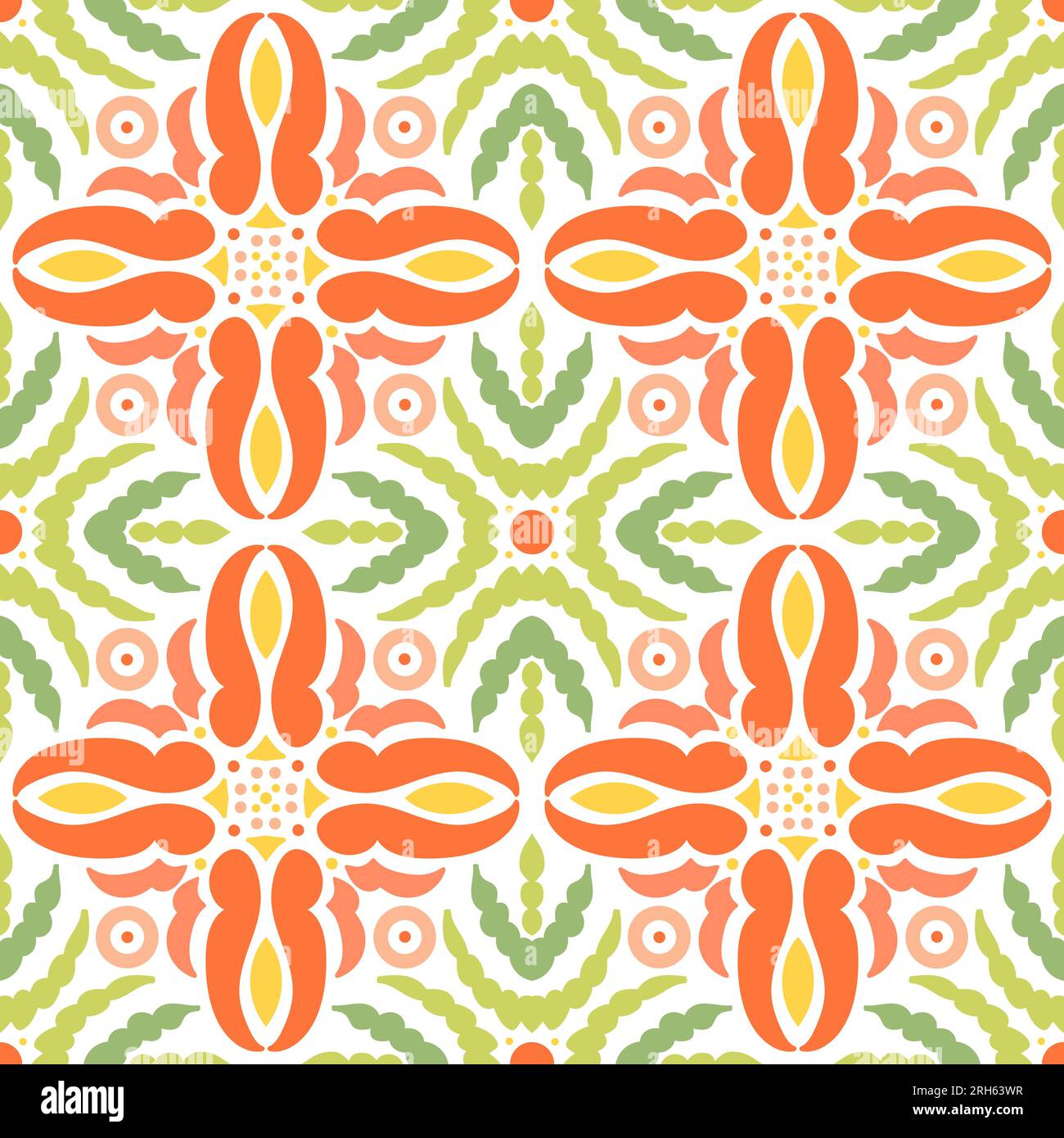 Ethnic geometric pattern with floral motifs in green and orange colors