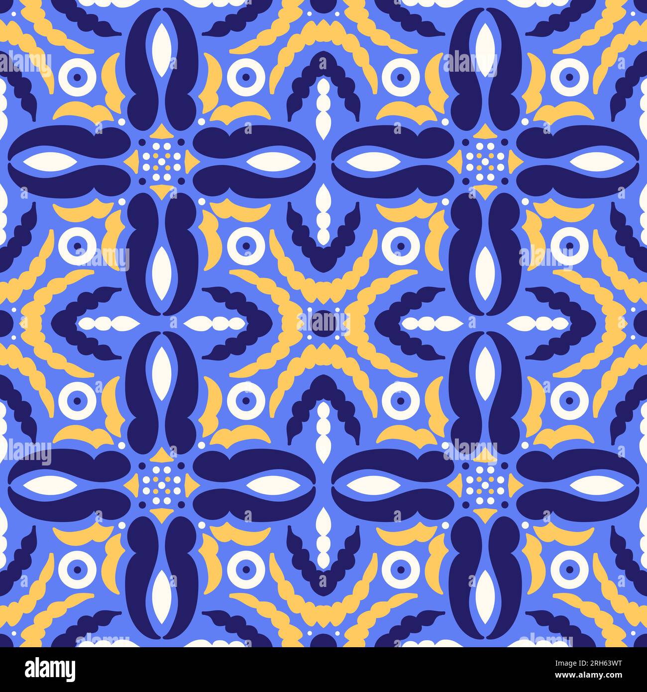 Ethnic geometric pattern with floral motifs, blue and yellow colors