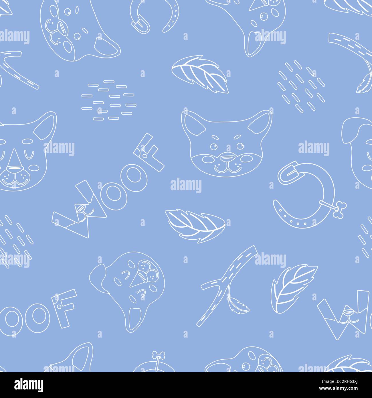 Puppy faces. Dogs, twigs with leaves and lettering on a blue background ...