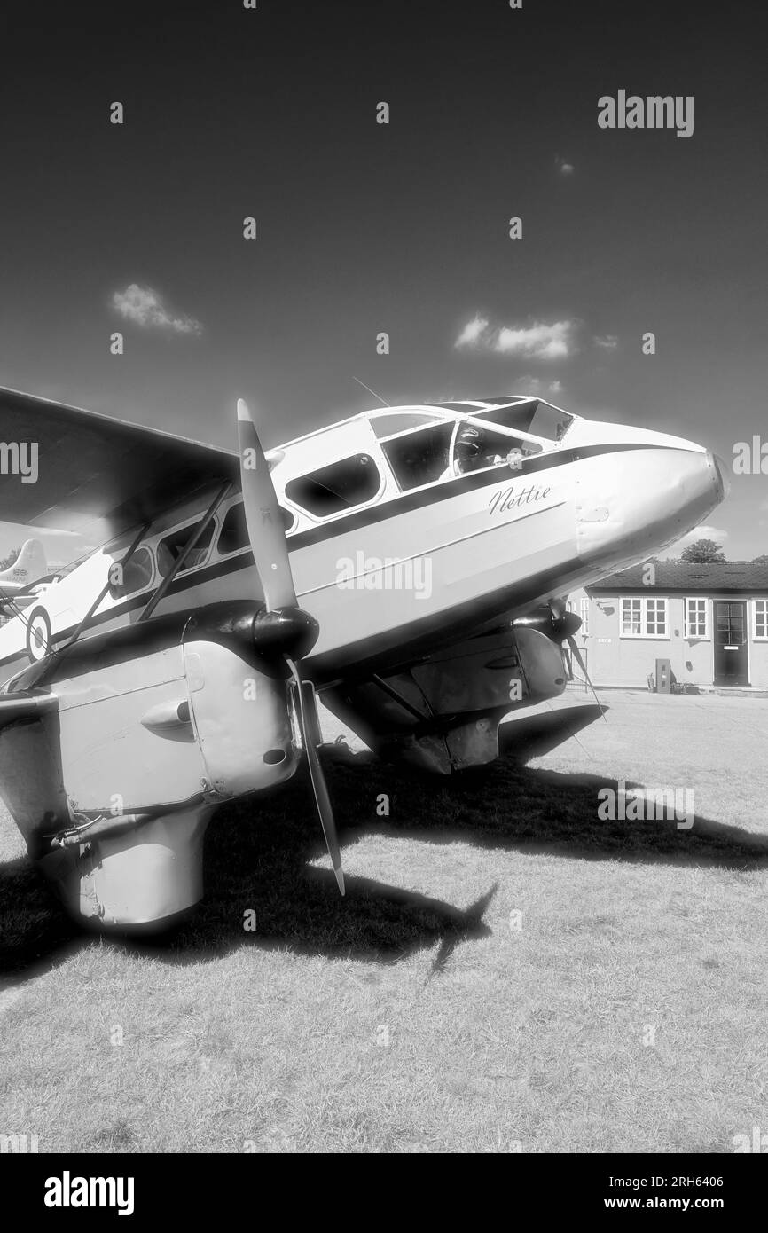 The Classic Wings DH Rapide Nettie at the Imperial War Museum  and airfield Duxford in B&W 1930s mode Stock Photo