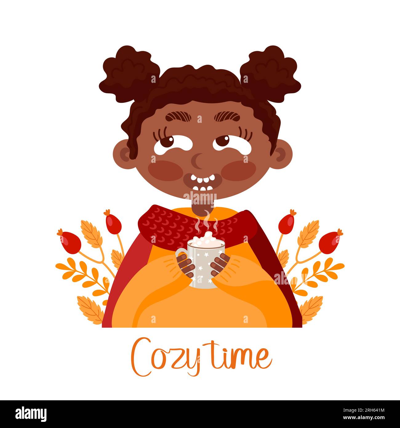 Cozy time. Afro american girl in orange sweater and red scarf drinks hot chocolate with marshmallows. Autumn leaves and berries, warm clothes. For pos Stock Vector