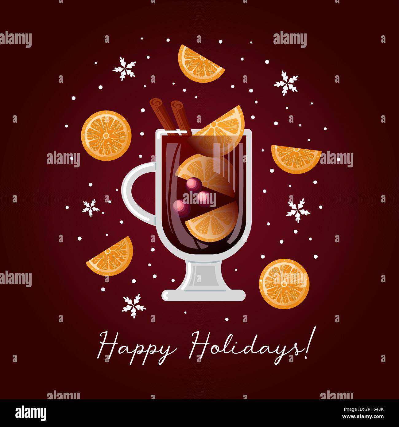 Winter drinks. Mulled wine with orange slices, cranberries and cinnamon sticks. Snowflakes. Vector food illustration for menu, cafe, postcard, poster, Stock Vector