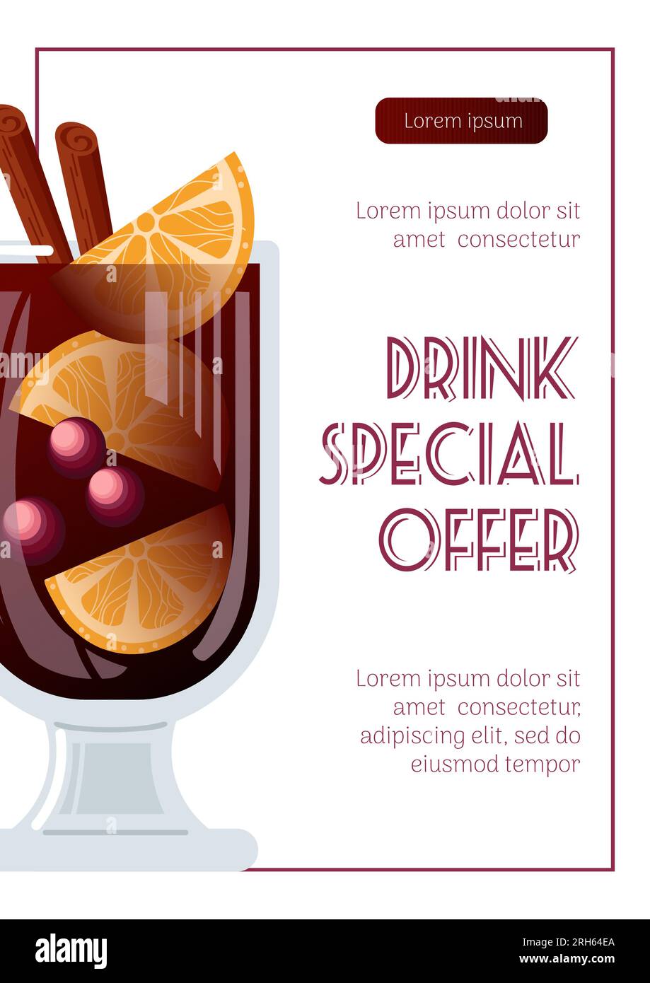 Mulled wine with orange, cranberries and cinnamon sticks in a glass goblet. Winter drinks special offer. Vector illustration for poster, banner, flyer Stock Vector