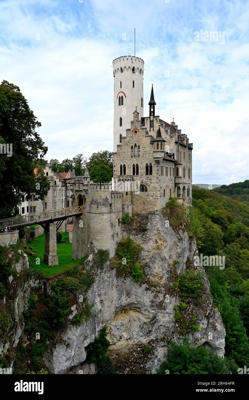Lichtenstein castle in eschaztal valley at Swabian Alps with old Bridge Stock Photo