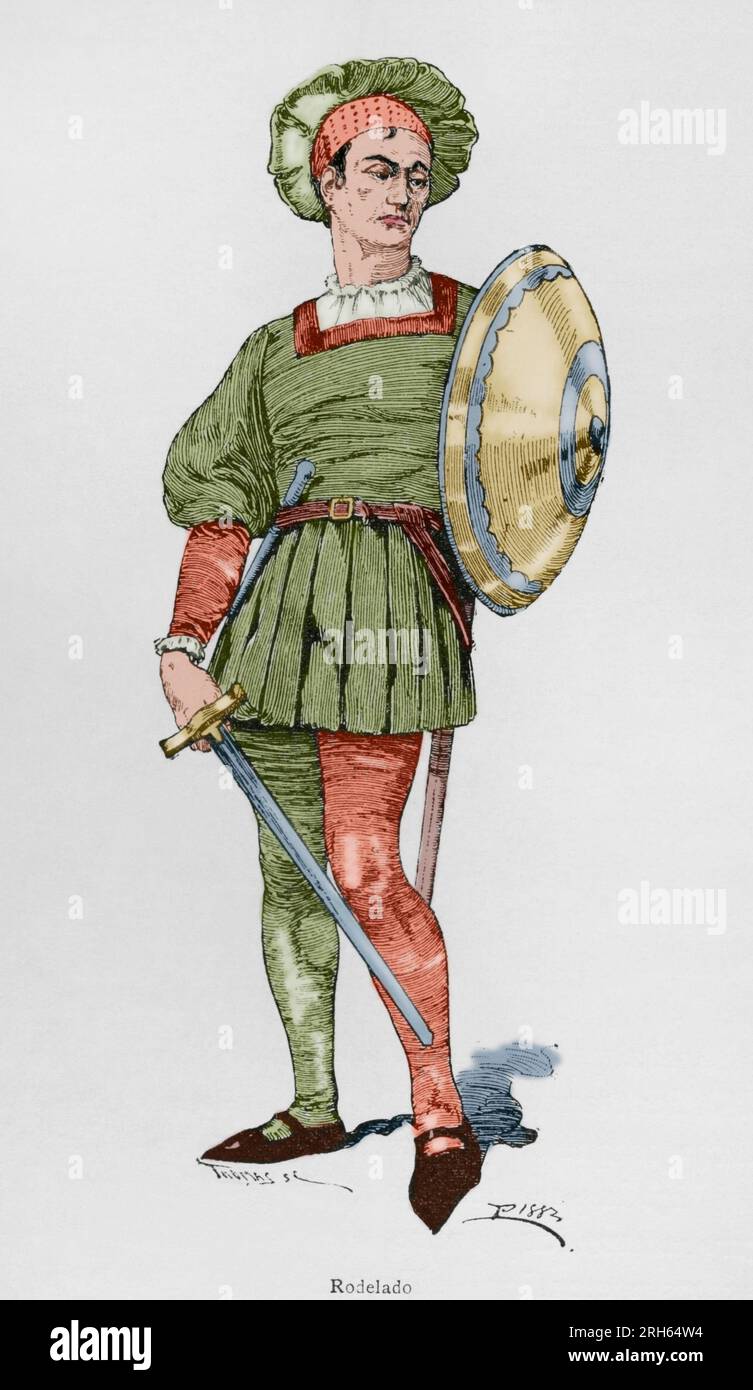 Rodeleros (shield bearers). Spanish troops in the early 16th century. They were equipped with swords and steel shields or bucklers, known as rodela. The majority of Hernan Cortes's troops, during the campaings in the New World, were rodeleros. Engraving. Museo Militar, 1883. Later colouration. Stock Photo