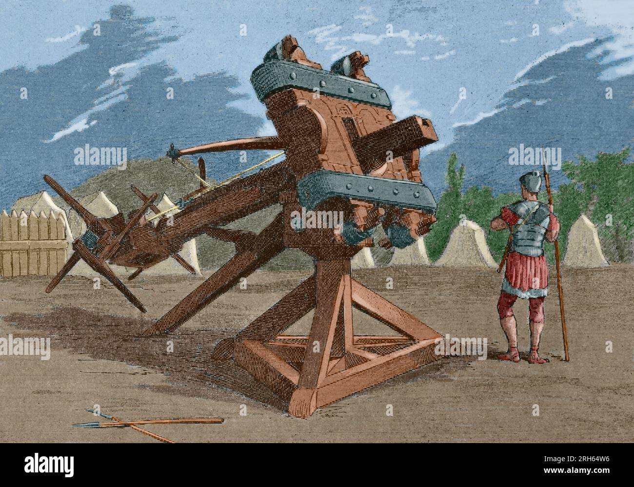 Ancient Age. Ballista or bolt thrower, ancient missile weapon. Engraving. Museo Militar, 1883. Later colouration. Stock Photo