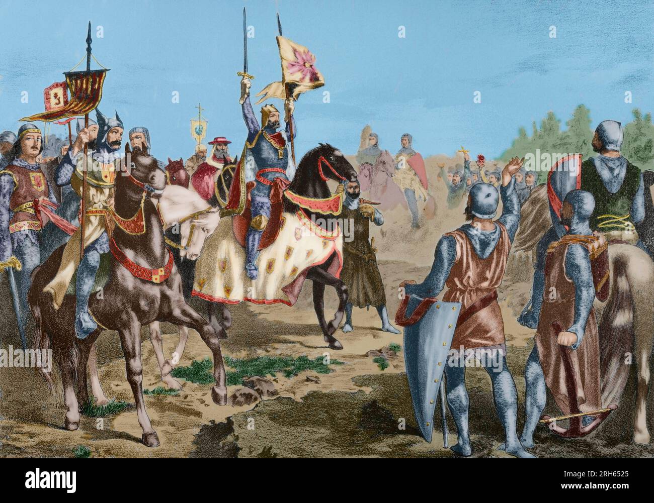 Alfonso VIII, king of Castile (1155-1214), celebrating the victory at the Batte of Las Navas de Tolosa, 1212, against the Almohad Muslim. Spain. Lithography. Museo Militar, 1883. Later colouration. Stock Photo