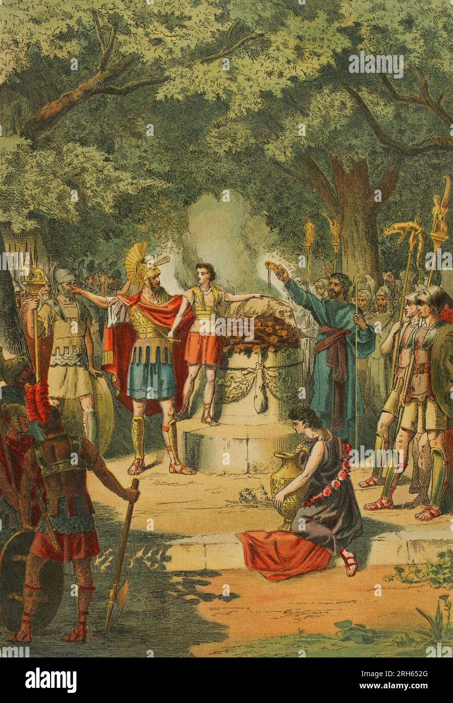 Hannibal Barca (247-183 BC). Carthaginian general and statesman. Hannibal in the Temple of Carthage with his father Hamilcar Barca, at the age of nine, taking an oath of eternal hatred of Rome by dipping his hands in the blood of the sacrificed animal. Chromolithography. "Historia Universal", by Cesar Cantu. Volume II, 1881. Stock Photo