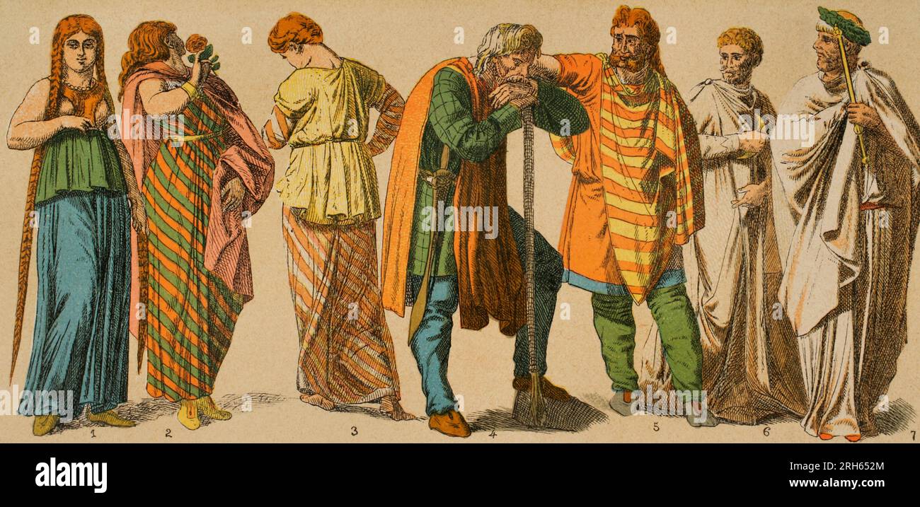 Gauls. From left to right: 1 to 3- women's Gaulish dress, 4- warrior garment, with sword fastened with chain, 5- male costume of a person of rank, 6- Gallic priest's vestment, with sacral knife, 7- pontiff. Sceptre. Chromolithography. 'Historia Universal', by Cesar Cantu. Volume II, 1881. Stock Photo