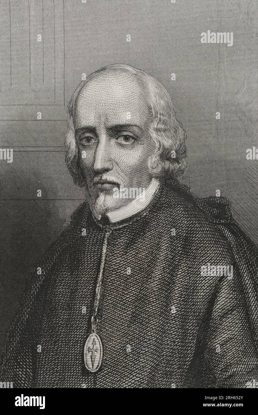 Pedro Calderon de la Barca (1600-1681). Baroque Spanish writer of the Golden Age and Knight of the Order of Santiago. Portrait. Engraving by Geoffroy. 'Historia Universal', by Cesar Cantu. Volume V. 1856. Stock Photo