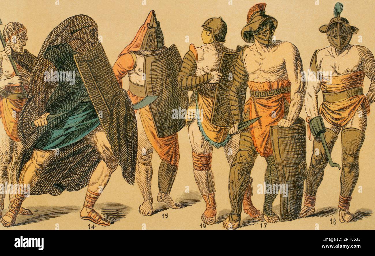 Roman Empire. Gladiators. From left to right: 13- gladiator armed with trident, 14- gladiator carrying shield and net, 15- gladiator carrying scythe, helmet and shield, 16- gladiator with helmet and shield, 17- gladiator carrying helmet, shield and dagger, 18- gladiator. Chromolithography. 'Historia Universal', by Cesar Cantu. Volume II, 1881. Stock Photo