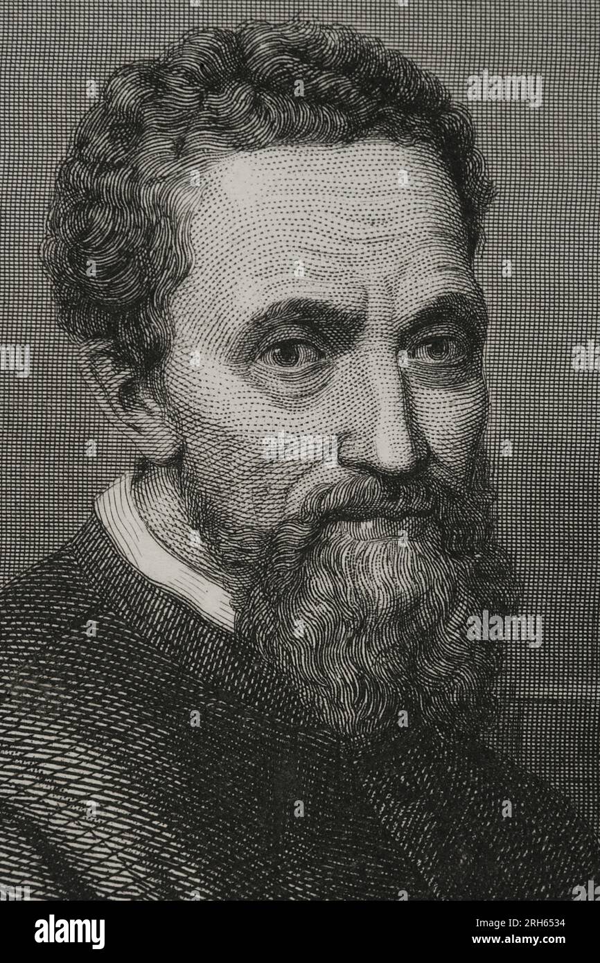 Michelangelo (Michelangelo Buonarroti) (1475-1564). Italian Renaissance painter, architect and sculptor. Portrait. Engraving by Geoffroy. Detail. 'Historia Universal' by Cesar Cantu. Volume V. 1856. Stock Photo