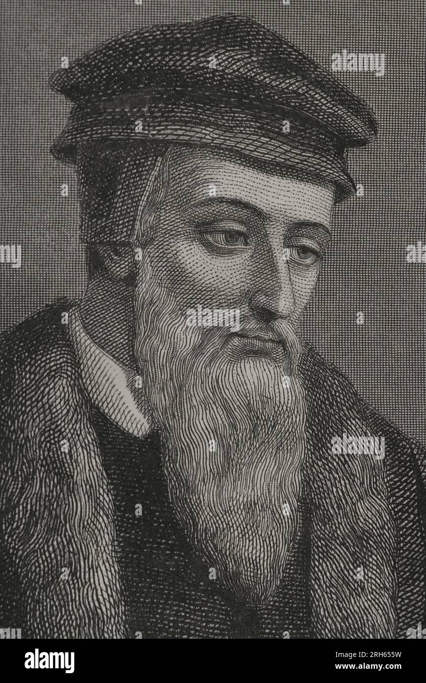 John Calvin (1509-1564). French theologian and reformer. Protestant reformer. Portrait. Detail. Engraving. 'Historia Universal', by Cesar Cantu. Volume VIII. 1858. Stock Photo