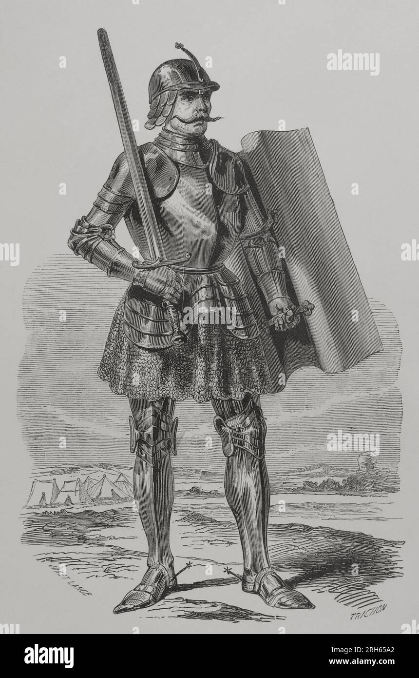John Hunyadi (1406-1456). Regent of the Kingdom of Hungary (1446-1452). Hunyadi defended Hungary from attempted invasions by the Ottoman Empire. Portrait. Engraving by Janet Lange and Trichon. 'Los Heroes y las Grandezas de la Tierra' (The Heroes and the Grandeurs of the Earth). Volume VI. 1856. Stock Photo