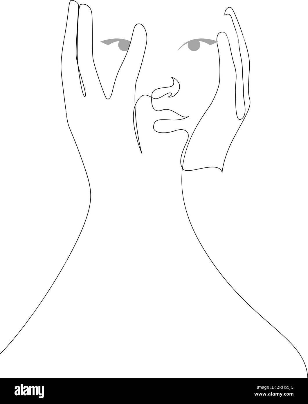 Continuous one line drawing of shocked young woman covering her face with hands. Vector illustration Stock Vector