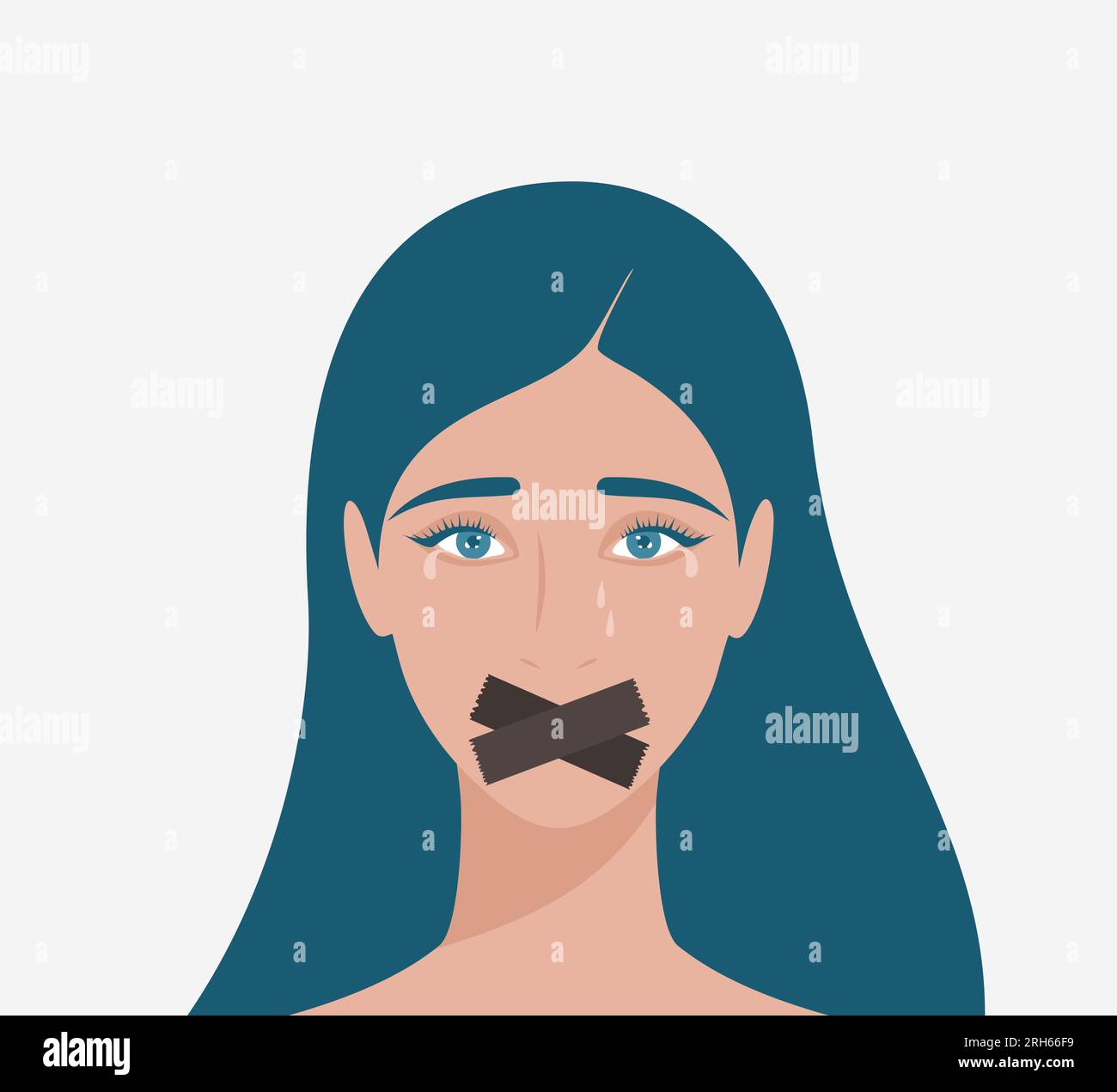 Crying young woman with taped mouth. Flat vector illustration Stock Vector
