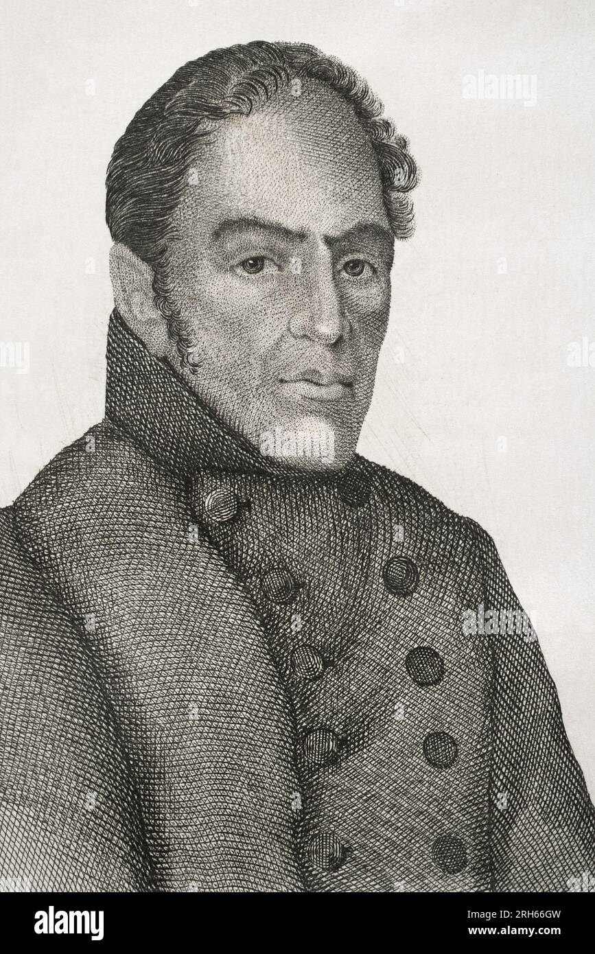 Vicente Gonzalez Moreno (1778-1839). Spanish general who took part in the Spanish War of Independence and the First Carlist War, supporting the Carlists. Engraving by Jose Gomez. Panorama Espanol, Cronica Contemporanea. Madrid, 1842. Stock Photo
