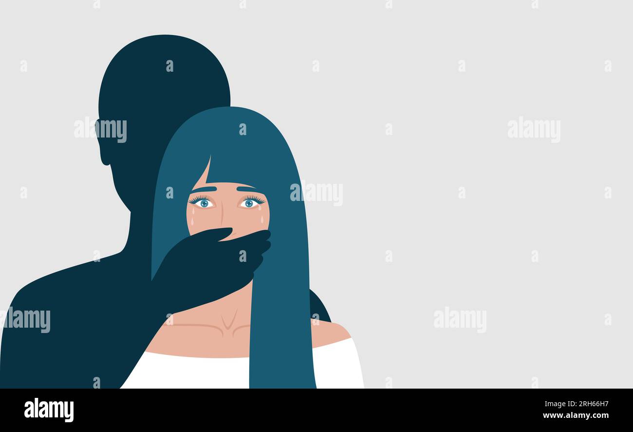 Dark male silhouette covering with his hand the mouth of a scared crying woman, copy space. Flat vector illustration Stock Vector