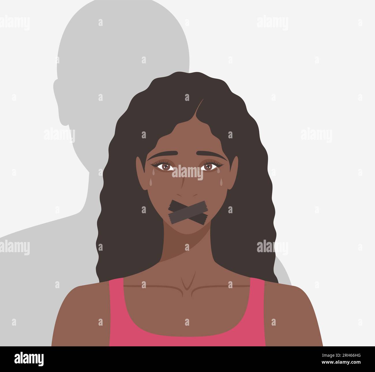 Crying black woman with taped mouth and male shadow behind. Flat vector illustration Stock Vector