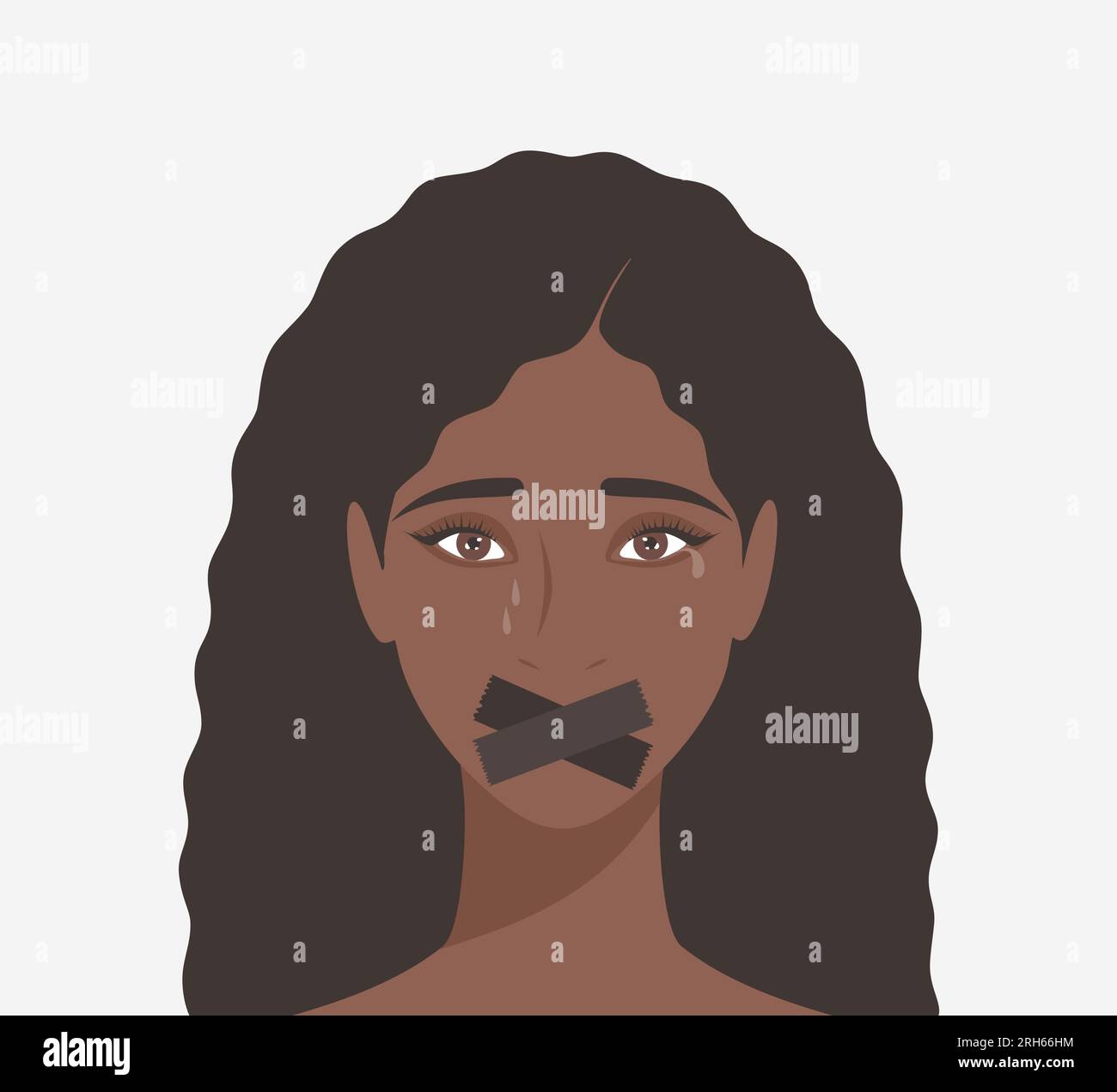 Crying black woman with taped mouth. Flat vector illustration Stock Vector