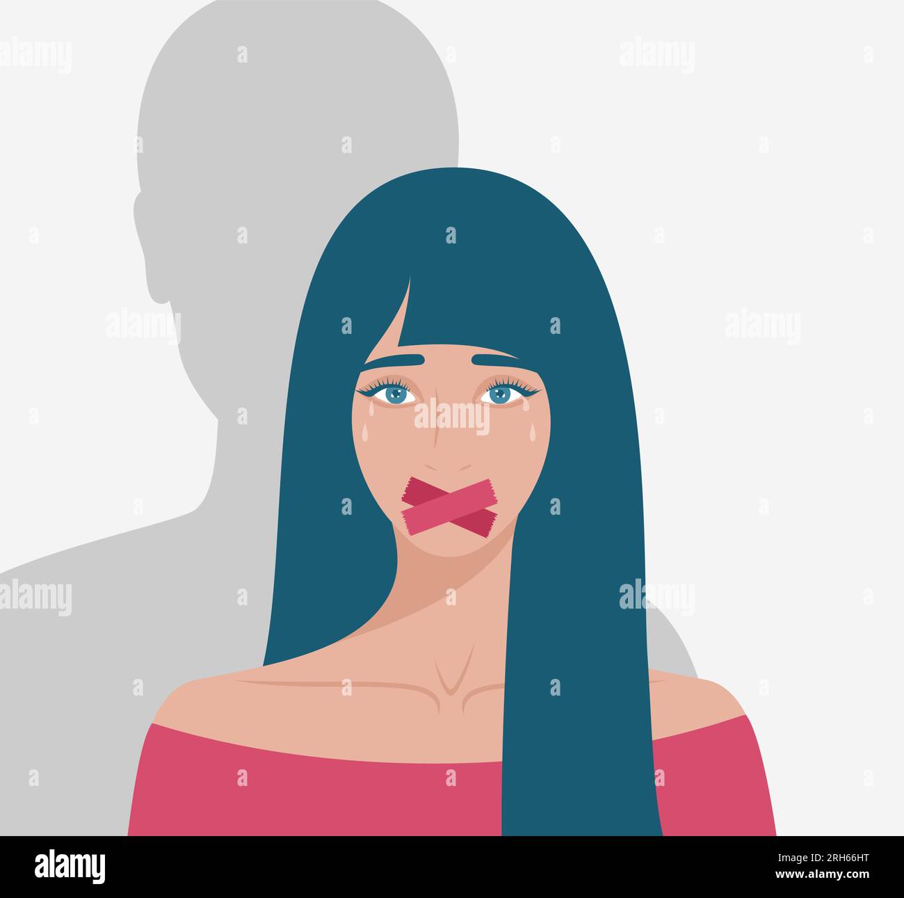Crying white woman with taped mouth and male shadow behind. Flat vector illustration Stock Vector