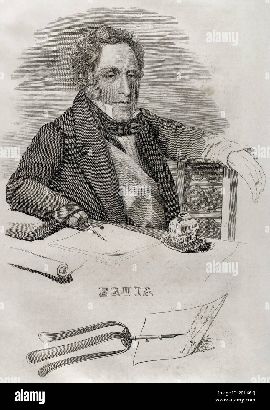 Nazario Eguia (Nazario de Eguia y Saenz de Buruaga (1777-1865). Count of Casa Eguia. Spanish Carlist military officer. On 17 July 1835 he presented himself in Estella to the pretender Don Carlos, who appointed him viceroy of Navarre. Eguia was subsequently appointed General-in-Chief of the Basque-Navarre Army, replacing General Gonzalez Moreno. Portrait. Engraving. Panorama Espanol, Cronica Contemporanea. Madrid, 1842. Stock Photo
