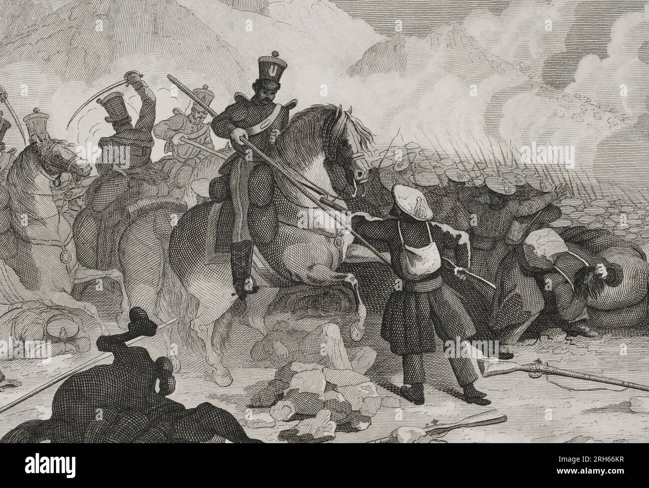 Spain. First Carlist War (1833-1840). Civil war that confronted Carlists, supporters of the Infante Carlos Maria Isidro de Borbon, against the Isabelinos (Elizabethans), defenders of Isabel II and the regent Maria Cristina de Borbon. Northern Front. Attack by Liberal troops on the road to Legazpia. Illustration by Manuel Miranda. Engraving by Pedro Celestino Mare. Detail. Panorama Espanol, Cronica Contemporanea. Madrid, 1842. Stock Photo