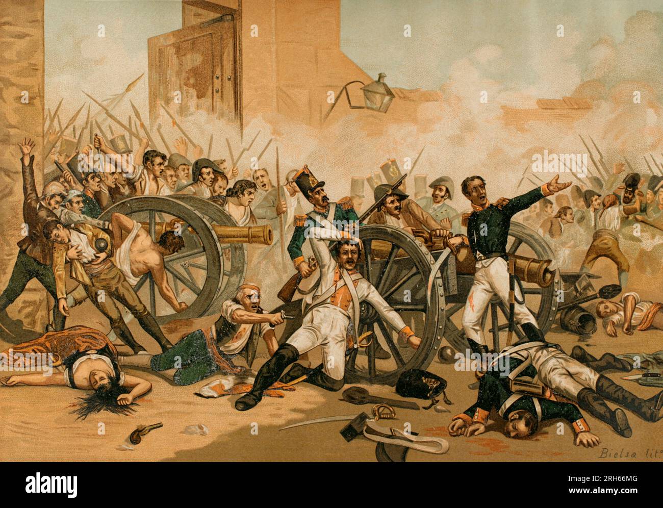 Peninsular War (1818-1814). Madrid, Second May Uprising, 1808 against French troops. Defence of the Monteleon Park. The artillery captains Luis Daoiz and Pedro Velarde took up arms against the French. Illustration based on the painting by Sorolla. 'Historia General de Espana' (General History of Spain), by Miguel Morayta. Volume IV. Madrid, 1892. Stock Photo