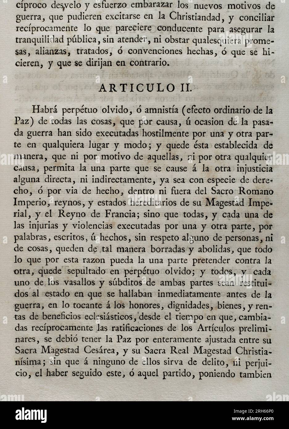 Accession by King Philip V of Spain to the Treaty of Vienna (18 November 1738) between Emperor Charles VI of Germany and Louis XV of France to end the War of the Polish Succession (1733-1738). Spain acceded the following year, signing at Versailles on 21 April 1739. It was ratified by King Philip V at Aranjuez the following 13 May. Article II (on perpetual oblivion or amnesty for wartime events). Collection of the Treaties of Peace, Alliance, Commerce adjusted by the Crown of Spain with the Foreign Powers (Coleccion de los Tratados de Paz, Alianza, Comercio ajustados por la Corona de Espana co Stock Photo