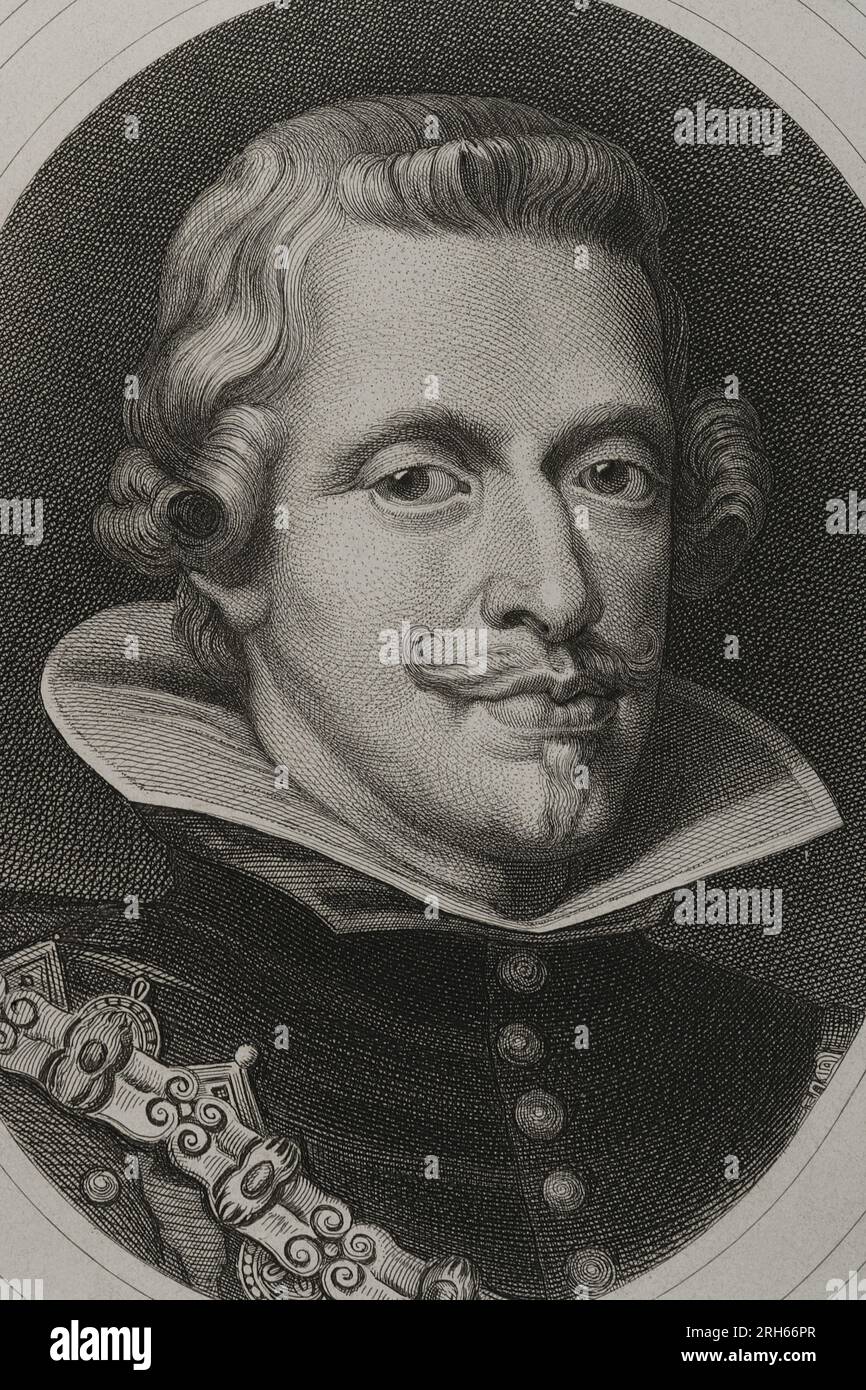 Philip IV (1605-1665). King of Spain (1621-1665) and Portugal (1621-1640). House of Austria. Portrait. Engraving by Masson. Lithography by Magin Pujadas. Historia General de Espana, by Modesto Lafuente. Volume III. Published in Barcelona, 1879. Stock Photo