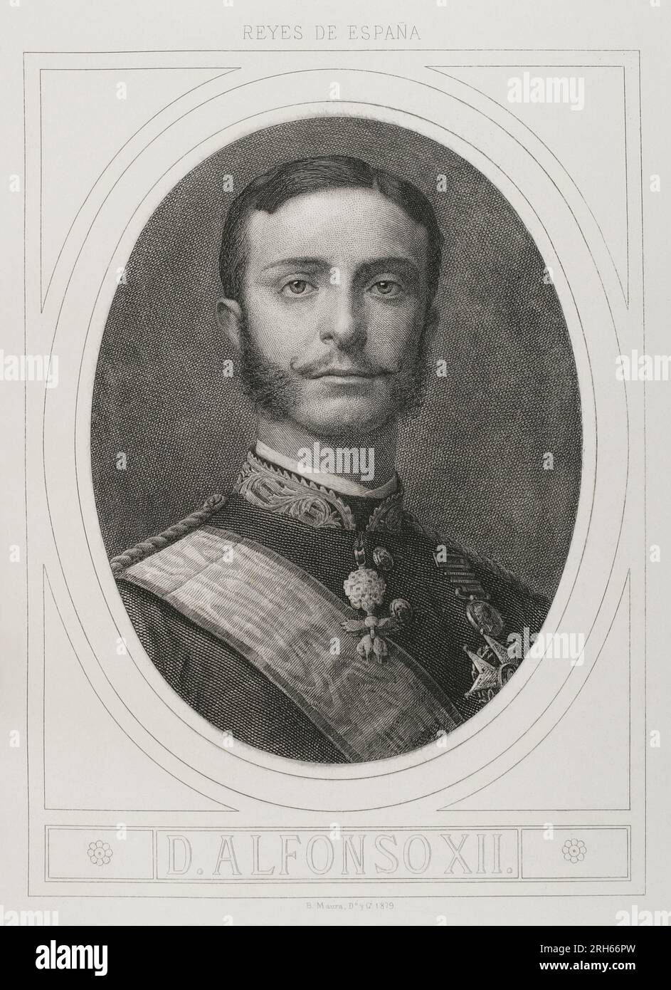 Alfonso XII (Madrid, 1857-Madrid, 1885). King of Spain (1874-1885). Portrait. Engraving by Bartolome Maura. Historia General de Espana, by Modesto Lafuente. Volume VI. Published in Barcelona, 1882. Stock Photo