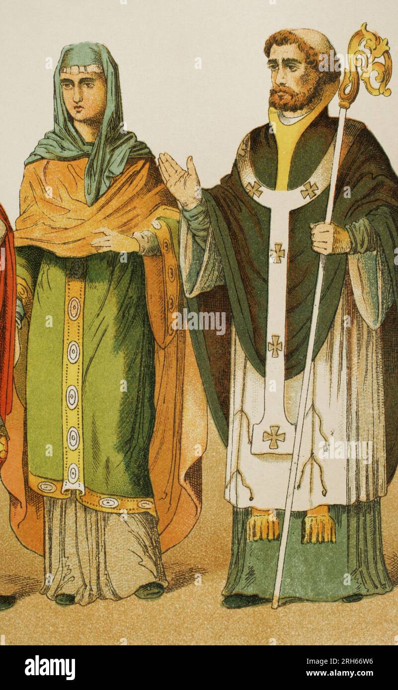 Anglo-Saxons (500-1000). Noblewoman of 850 and bishop of 900. Chromolithography. 'Historia Universal' (Universal History), by Cesar Cantu. Volume IV. Published in Barcelona, 1881. Stock Photo