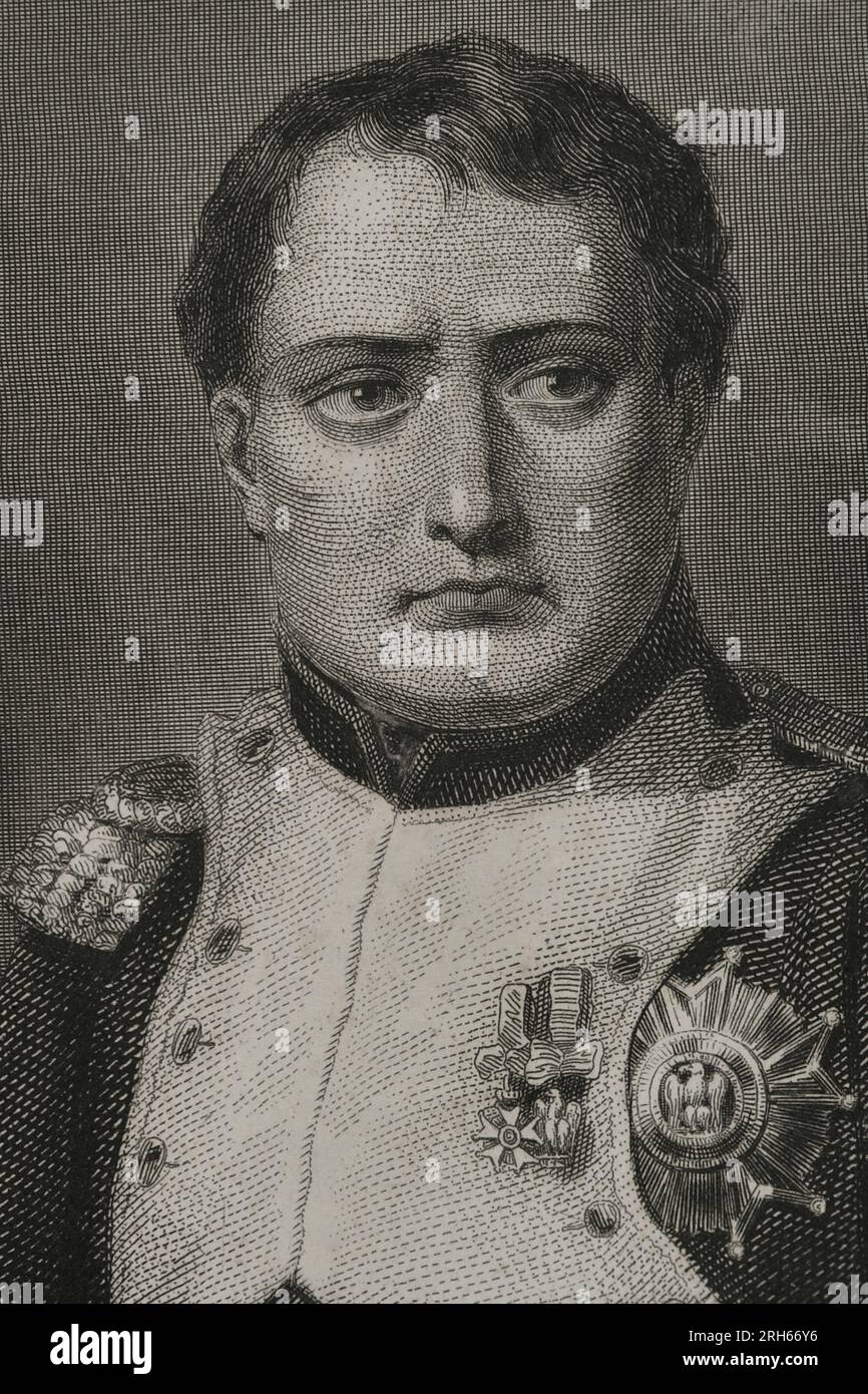 Napoleon Bonaparte (1769-1821). French military and political leader. As Napoleon I, he was Emperor of France (1804-1815). Portrait. Engraving by Geoffroy. 'Historia Universal', by Cesar Cantu. Volume VI. 1857. Stock Photo