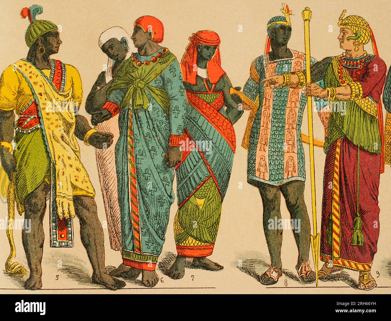 Ancient Egypt. From left to right; 5: animal skin used as a cape, 6: costume adhered to the body with long narrow sleeves, 7: priestess in ceremonial costume, 8: breastplate or chain-mail of scales, 9: costume adhered to the body with long narrow sleeves. Chromolithography. 'Historia Universal' (Universal History), by Cesar Cantu. Volume I, 1881. Stock Photo