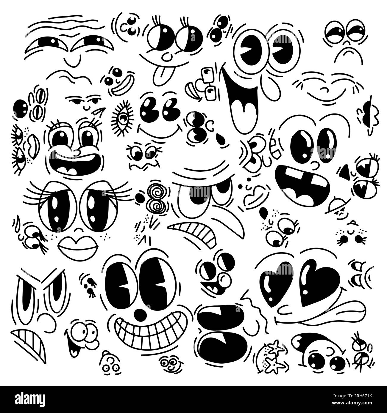 Vintage funny set of cartoon faces. Retro quirky characters smile vector set. Funny avatars with big cheeks, eyes and mouth. Stock Vector