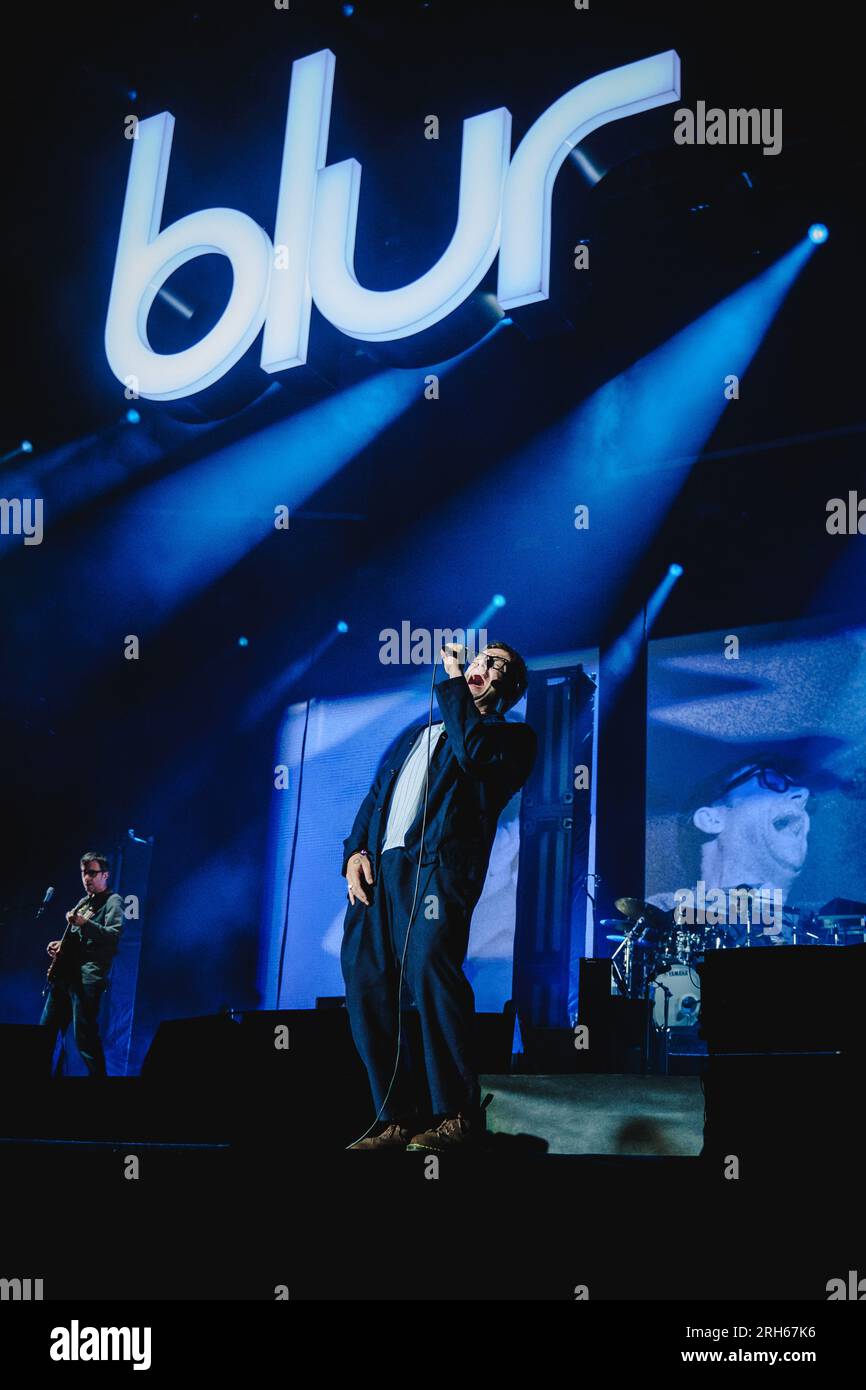 Gothenburg, Sweden. 11th, August 2023. The English Britpop and indie rock band Blur performs a live concert during the Swedish music festival Way Out West 2023 in Gothenburg. Here singer and musician Damon Albarn is seen live on stage. (Photo credit: Gonzales Photo - Tilman Jentzsch). Stock Photo