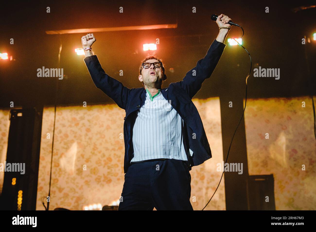 Gothenburg, Sweden. 11th, August 2023. The English Britpop and indie rock band Blur performs a live concert during the Swedish music festival Way Out West 2023 in Gothenburg. Here singer and musician Damon Albarn is seen live on stage. (Photo credit: Gonzales Photo - Tilman Jentzsch). Stock Photo